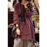 2025    22/5 Big Joe, literary and retro linen hand-sewn buckle V-neck pullover, medium and long linen shirt with seven-quarter sleeves