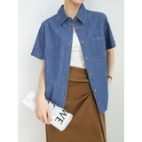 Customized fashion pure cotton denim shirt 2025 summer comfortable and versatile retro commuting temperament loose short-sleeved shirt