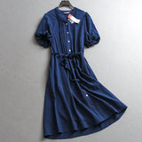 Solid color organ pleated V-neck  style bubble sleeve belt slim summer new short-sleeved women's dress X211