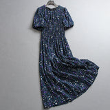 Floral shrunken pleats elastic waist slim slim body round neck lantern sleeves a word long skirt short sleeve women's dress dress Z056