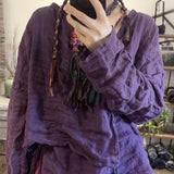 2025    24/4SN54 Chu, literary and retro irregular long-sleeved solid-color linen diagonal placket-lace-up shirt