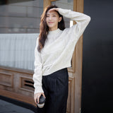 Hollow grid sweater women's spring and autumn new design sense solid color top threaded semi-turtleneck long-sleeved knitted sweater women