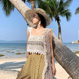 2025 Bohemian seaside vacation knitted suspender small top summer new sexy inner short woven vest tide