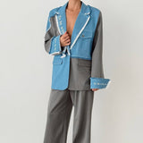 2025 New rough edge contrasting color denim splicing suit suit women's clothing high-end trend fashion loose suit