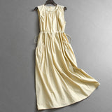 Solid color pinch pleated round neck wrinkled waist thin vest skirt summer new temperament commuter women's dress dress X057