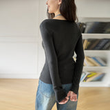 Temperament Slim-fit wool long-sleeved top 25 Spring V-neck single-breasted inner design sense color matching neck knitted sweater