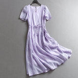 Light purple lace-up waist gentle and good-looking  summer new bubble sleeve temperament women's dress dress C331