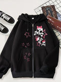 kkboxly  Star Print Zip Up Drawstring Hoodie, Vintage Long Sleeve Hoodies Sweatshirt With Pocket, Women's Clothing