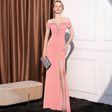 2025 Evening dress dress woman's one-word shoulder slim and thin banquet temperament simple celebrity banquet dinner long fishtail skirt
