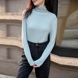 Simple solid color heap collar bottoming shirt women's  spring new temperament slim fit inside can be worn outside long-sleeved top