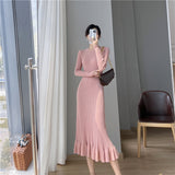 2025 Autumn and winter new medium and long knee-length sweater skirt with coat slim-fit base with fishtail knitted dress women