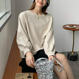 spring Korean version short round neck pullover sweater loose shoulder sleeves basic casual versatile top women's clothing