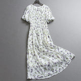 Floral shrunken pleats elastic waist slim slim body round neck lantern sleeves a word long skirt short sleeve women's dress dress Z056