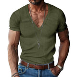 KKBOXLY 2025 popular summer men's versatile corduroy T-shirt trendy  flow sports and leisure V-neck slim-fitting short-sleeved men