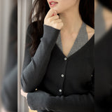 Temperament Slim-fit wool long-sleeved top 25 Spring V-neck single-breasted inner design sense color matching neck knitted sweater