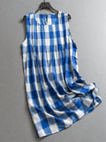 Blue plaid loose and thin pure cotton round neck Japanese literary sleeveless pinch pleated vest skirt women's dress dress X545