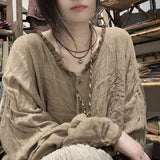 2025  24/4 SN41 literary and retro long-sleeved linen cotton smoked color craft fried old contrasting color lace neck cardigan shirt