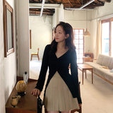 spring new design V-neck long-sleeved women, thin temperament hem split-ended versatile casual knitted top