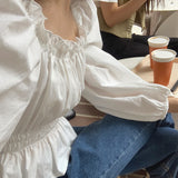 spring new fungus lace collar top women's clothing waist thin bubble sleeve design Korean version doll shirt