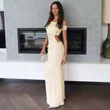 2025 F24DS396 INS  style  spring new women's clothing lace sexy slim solid color off-the-shoulder dress