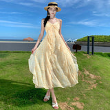 2025 Beach Dress Long Dress Elegant Holiday Gentle Yellow Smudge Floral Shoulder Strap Neck Lotus Leaf Edge Printed Dress
