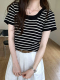 Striped T-shirt short-sleeved women's summer bottoming shirt square neck knitted thin  short outer top X127