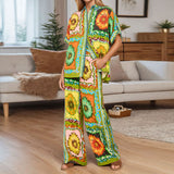 2025 popular autumn  women's clothing  printed short-sleeved shirt fashion casual straight two-piece set
