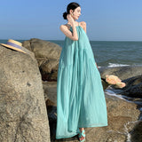 2025 Seaside vacation dress  small fresh simple sweet neck photo pleated pendulum beach suspender dress
