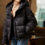 2025 Puff goose down jacket 95 white goose down women's hooded short, Pinghu high-end down jacket women's thick winter