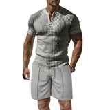 KKBOXLY 2025 n Henry Shirt Men's Summer Men's High-end Solid Color T-Shirt Shorts Two-piece Men's Sports Suit
