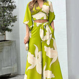 2025 Popular,   's new V-neck lantern sleeve short top high-waisted wide-leg pants women's spring women's suit