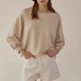 Spring and Autumn New Sweater  Women's Loose Short Lantern Sleeve Splicing Cotton  Casual Pullover