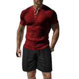KKBOXLY 2025 n Henry Shirt Men's Summer Men's High-end Solid Color T-Shirt Shorts Two-piece Men's Sports Suit