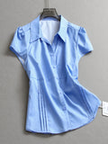 Solid color organ pleated lace-up waist slim lapel bubble sleeve  summer new short-sleeved versatile shirt women's L900