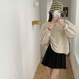 spring Korean version short round neck pullover sweater loose shoulder sleeves basic casual versatile top women's clothing