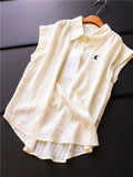 Solid color shoulder pinch pleated bunny embroidered lapel loose and thin summer new sleeveless versatile blouse X316