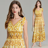 Summer New Women's Clothing Blue and White Porcelain Positioning Printing Elastic Wrap Waist Vest Long Skirt V-Neck Dress