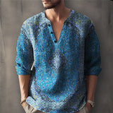 Plus Size Men's Ethnic Style Shirt, Vintage Floral Pattern Graphic Print Long Sleeve Shirt For Spring Fall, Men's Clothing