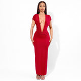 2025 K25DS011  New new women's clothing sexy deep V short-sleeved solid color Spice girl wind pleated long dress