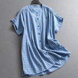 Contrasting color plaid loose silhouette lazy stand-up collar pure cotton shoulder sleeves  summer new versatile blouse X099
