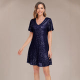 2025new multi-color shiny back zipper party short dress V-neck A-word elegant ball dress