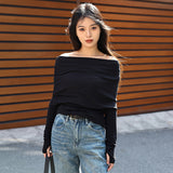 Design sense solid color one-word shoulder bottoming shirt spring new slim-fitting and thin inner top long-sleeved off-the-shoulder knitted sweater