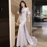 2025 One-word shoulder evening dress  new light luxury socialites annual meeting waist fishtail skirt host high-end dress skirt