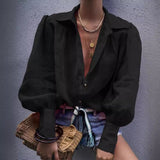 2025 spring and summer new products New  eBay spot steel buckle simple loose lantern sleeve long sleeve commuter shirt