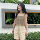 Versatile wide shoulder strap vest backless top cotton and linen comfortable and textured short shoulder strap tube top Spice girl single product outer wear