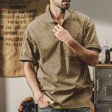 KKBOXLY 2025 Across the summer new men's washed lapel button T-shirt heavy oversize retro brown casual short sleeves