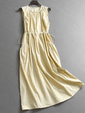 Solid color pinch pleated round neck wrinkled waist thin vest skirt summer new temperament commuter women's dress dress X057