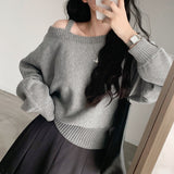 Temperament diagonal neck off-the-shoulder sweater  spring new solid color short women's threaded splicing neckline long-sleeved top