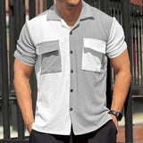 KKBOXLY 2025 24 summer new men's cardigan T-shirt  loose lapel casual color matching shirt multi-pocket short sleeve