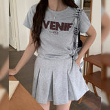 Korean version of casual printed top women's summer yoga clothes split design short sleeve pullover round neck front shoulder T-shirt spot